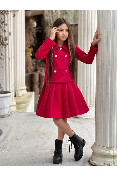 Sahil Collection Red Suede Fabric Jacket Pleated Skirt Girls' Suit