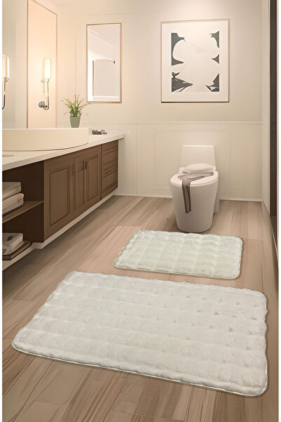 FeelHome Bubble Rabbit Hair, Bază anti-alunecare, Pufoasă, Ultra lux, Lavabilă Covoraș de baie din 2 piese Ecru