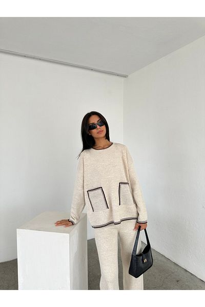 02Lady Fashion Oversize Pocket Detailed Wide Leg Knitwear Suit