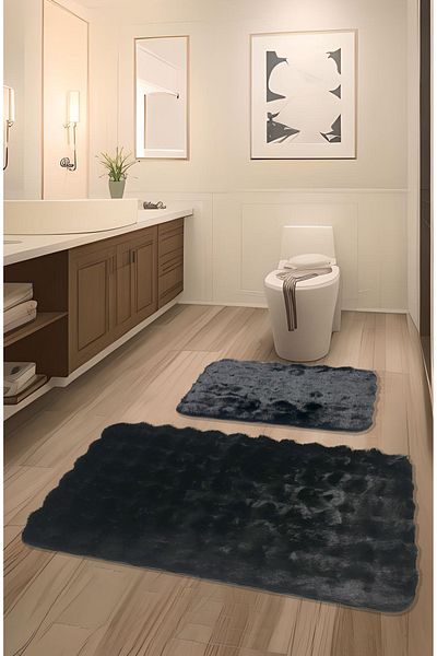 FeelHome Ultra Luxury 2-Pece Bath Mat, Πλένεται μαύρο μαλλί κουνελιού με φυσαλίδες