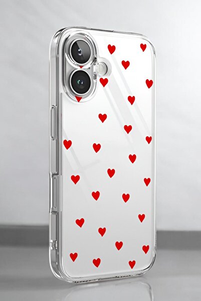 mooodcase iPhone 16 Uyumlu Sevimli Kalpler Desenli Premium Silikonlu Şeffaf Telefon Kılıfı