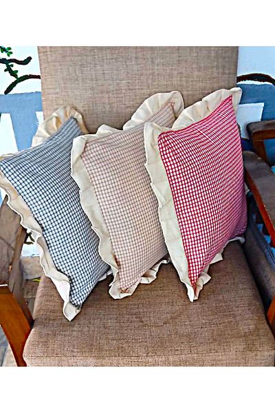 TUNCAY TEKSTİL Plaid Linen Ruffle Throw Pillow Cover