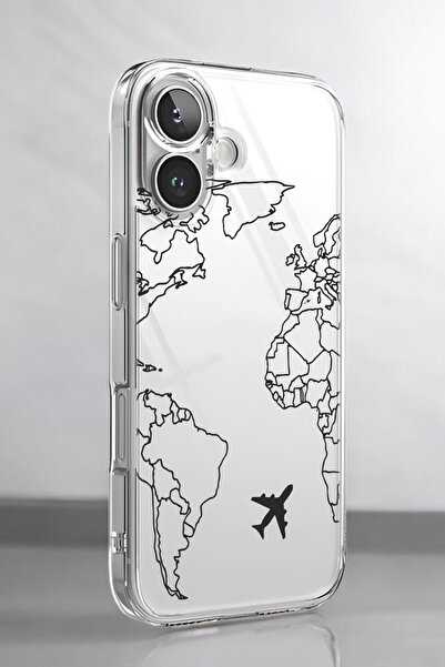 mooodcase iPhone 16 Uyumlu World Map Lines Desenli Premium Silikonlu Şeffaf Telefon Kılıfı