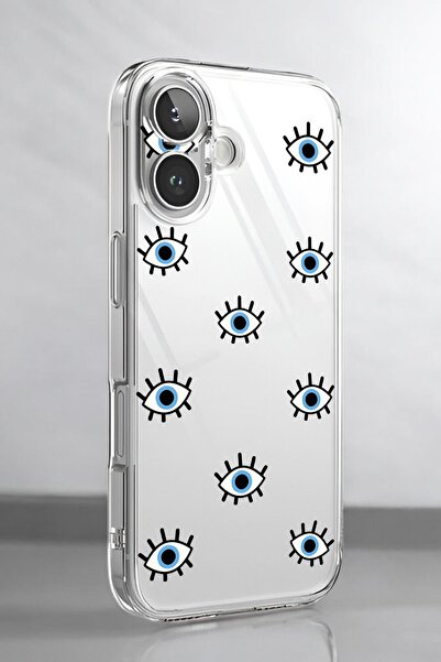 mooodcase iPhone 16 Uyumlu Nazar Gözler Desenli Premium Silikonlu Şeffaf Telefon Kılıfı