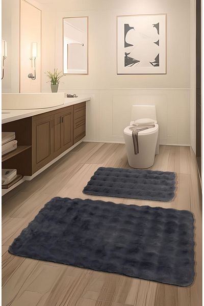 FeelHome Bubble Rabbit Hair, Αντιολισθητική Βάση, Αφράτο, Ultra Luxury, Πλένεται 2 τεμαχίων Χαλάκι μπάνιου Anthracite