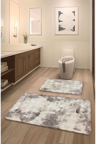 FeelHome Bubble Rabbit Hair, Αντιολισθητική Βάση, Αφράτη, Ultra Luxury, Πλένεται 2 τεμάχια Χαλάκι μπάνιου Αντίκα ροζ