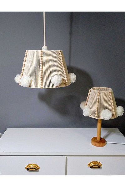 poplinhome Children's Room Chandelier Baby Room Chandelier Makrome Lamp Shade Set Bead Pompon Chandelier