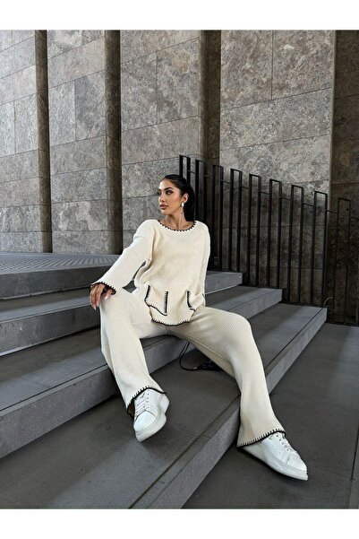 02Lady Fashion Kabát gallér zseb részletekkel, túlméretezett kardigán és magas derekú, széles szárú nadrág alsó felső kötöttáru szett