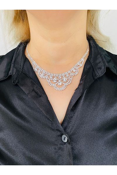 xesha Waterway Rhinestone Silver Color Elegant Choker Set Necklace and Earrings Set