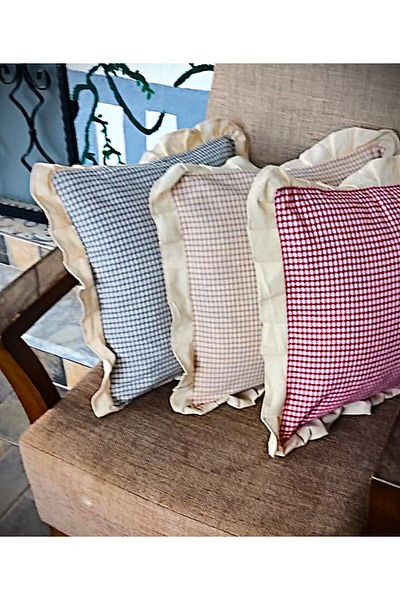 TUNCAY TEKSTİL Plaid Linen Ruffle Throw Pillow Cover