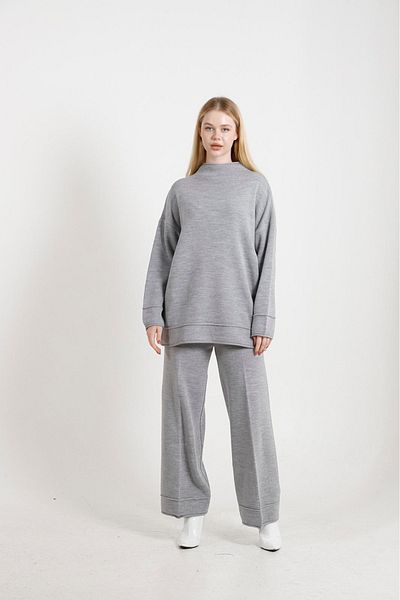 02Lady Fashion Women's Sleeves Cuffed Bottom Top Knitwear Wide Leg Suit