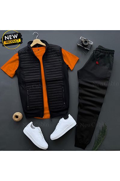 NewCabin Vestă matlasată de sezon nou - Pantaloni de trening - Combinație de tricou Set 3 piese de jos și de sus