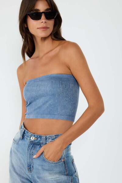 No Matter What Nahtloses Bandeau-Bikinioberteil in Indigo-Säurestein