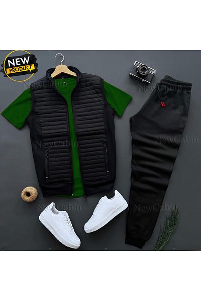 NewCabin Καπιτονέ γιλέκο - Φούτερ - T-Shirt Συνδυασμός 3 τεμαχίων κάτω και επάνω σετ