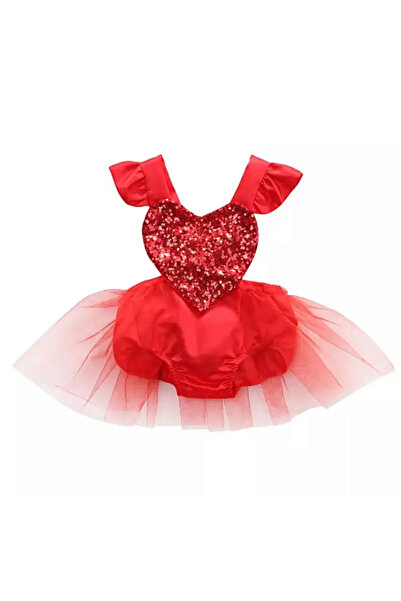 Ebru Kız çocuk kırmızı  kalpli payetli salopet elbise