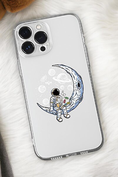 mooodcase iPhone 16 Pro Uyumlu Keyifli Astronot Desenli Premium Silikonlu Şeffaf Telefon Kılıfı