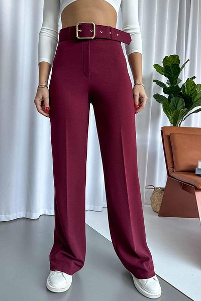 Mine Tan Butik Burgundy Crepe Palazzo Women's Trousers - Overlay and Belt
