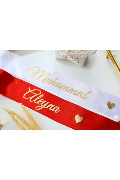 lafazan 2 Meters 2 Pieces White-Red Color Gold Printed Jewelry Ribbon - 6 cm Width