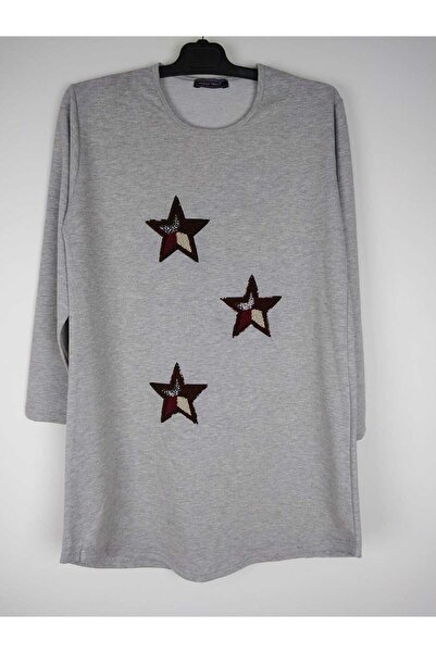 YAŞAR TRİKO Жіночий сірий велосипедний комір з довгими рукавами, з вишитим зіркою, двоколірна туніка