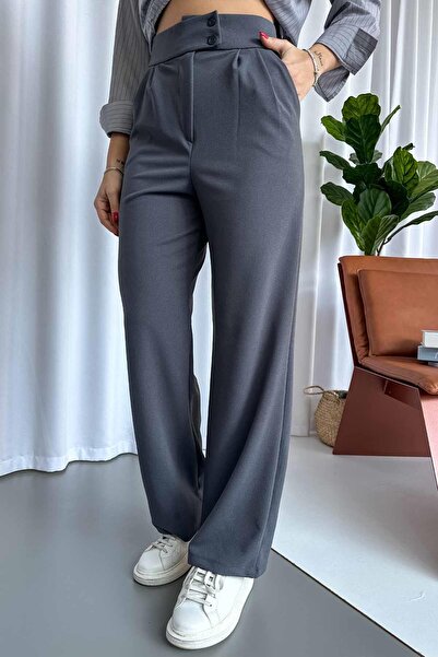 Mine Tan Butik Скуба креп-брюки з подвійними ґудзиками для жінок - димчасто-сірі