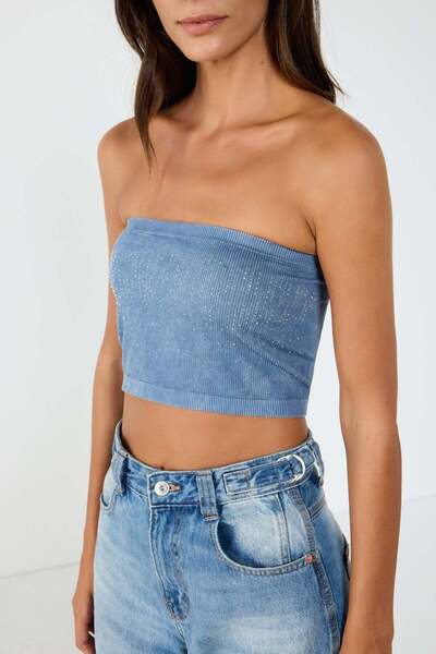 No Matter What Nahtloses Bandeau-Bikinioberteil in Indigo-Säurestein