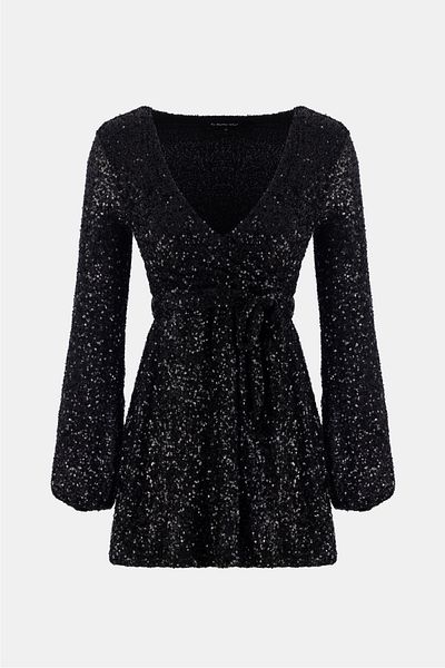No Matter What Black Pul Detail Long Sleeve Belted Mini Dress