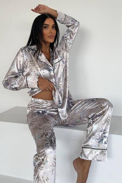 Mine Tan Butik Floral Print Women's Shirt Detailed Pajamas Set - Gray