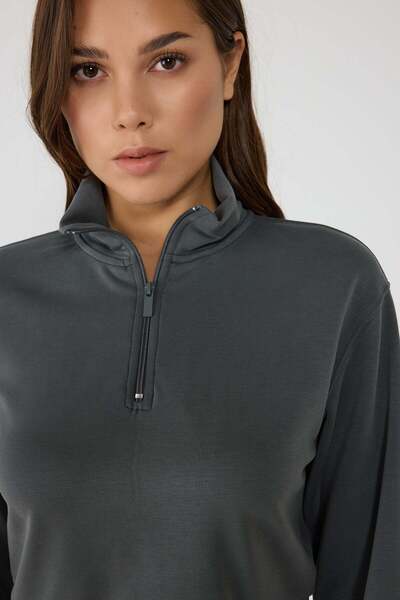 No Matter What Kohlefarbenes, kurzes Sweatshirt mit Reißverschluss