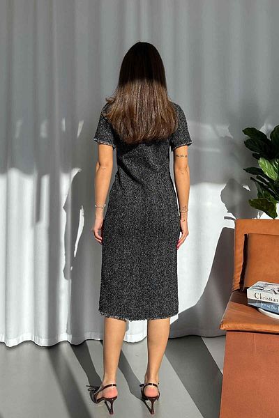Mine Tan Butik Anthracite Midi Pencil Dress - Tweed Texture