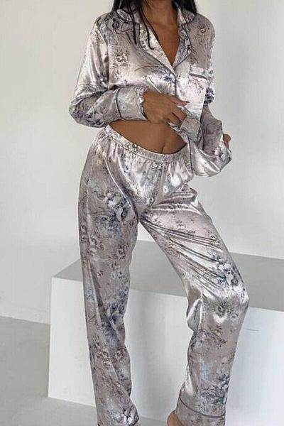 Mine Tan Butik Floral Print Women's Shirt Detailed Pajamas Set - Gray