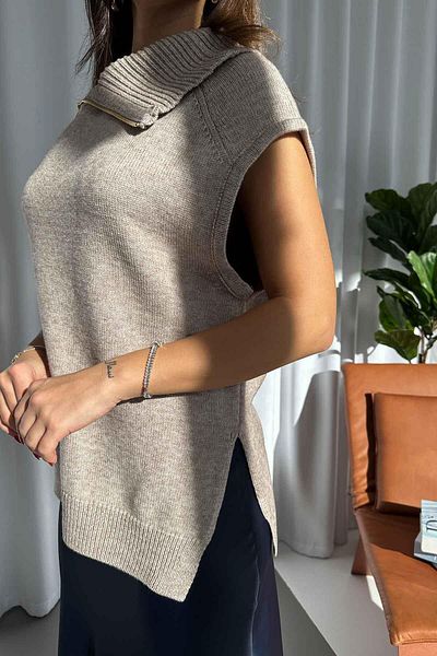 Mine Tan Butik Плетена пуловер с цип от норка
