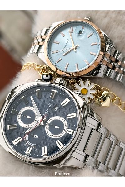 Ferrucci Brand Steel Cord Silver Yellow Color Dear Wrist Watch + Rosary Bracelet