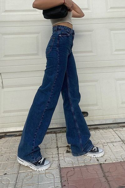 geenz manifacture Pantaloni de blugi din denim cu talie înaltă, albastru închis pierdut