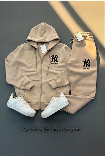 woonkey New Season Unisex Thick Striped Cotton Tracksuit Set - Half Zipper, 3 Thread