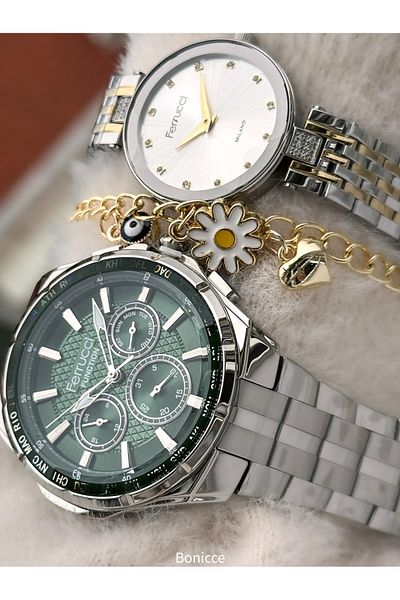 Ferrucci Silver Yellow Lover Wrist Watch with Rosary Bracelet Gift - Brand Steel Band