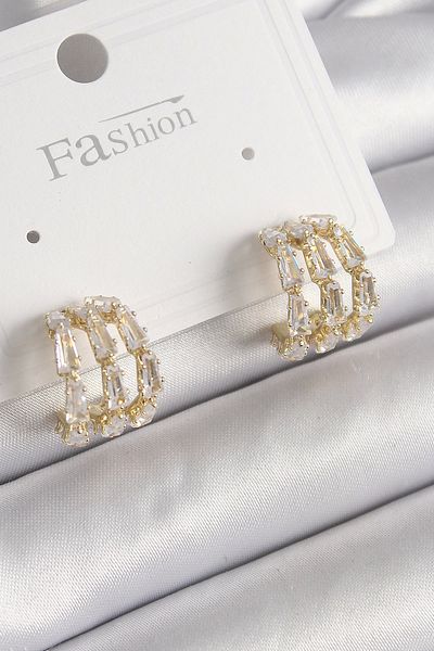 Clariss Brass Gold Color Zircon Stone Hoop Model Women's Earrings