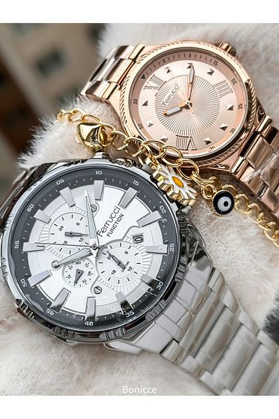 Ferrucci Silver Yellow Lover Wrist Watch with Rosary Bracelet Gift - Brand Steel Band