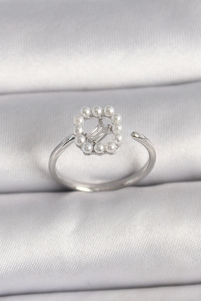Clariss Brass Silver Color Zircon Stone Detailed Adjustable Ring with Pearls