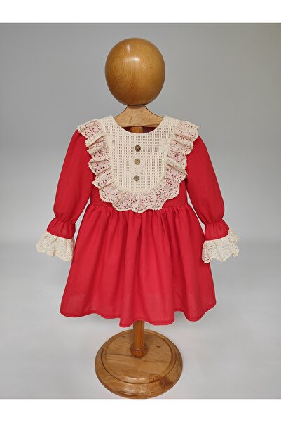 Baby Yakası Fırfırlı Pamuk Dantel Detaylı Düğmeli Kız Çocuk Elbise