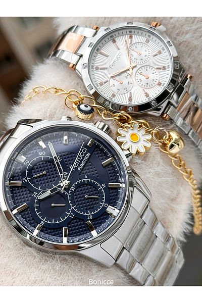 Ferrucci Silver Yellow Lover Wrist Watch with Rosary Bracelet Gift - Brand Steel Band