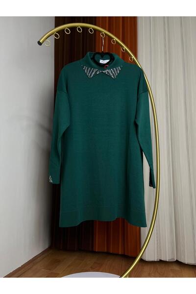 SMY SOĞUK İPLİK TRİKO TUNİK YAKASI VE MANŞETLERİ TAŞ DETAYLI