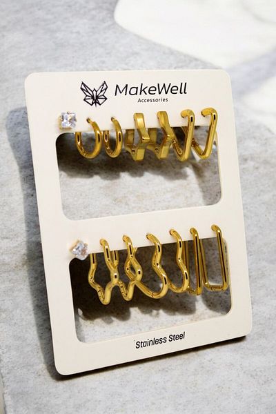 MakeWell Gold Silver Steel Hoop Earrings Set with Stainless Tarnish Stainless Steel Heart Star Rectangular Triangle Hoop Earrings
