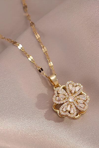 MAVEGA Dönen Çelik Yonca Kolye | 316L Çelik | Zirkon Taş | 45 Cm | Kutulu