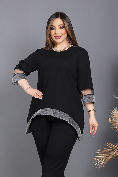 HÜLYA BUTİK Plus Size Women's Sleeve and Skirt Glitter Capricol Blouse
