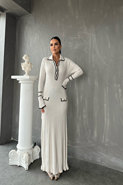 kamacibutik Πλεκτό φόρεμα με ριγέ μανίκια με λαιμόκοψη πόλο (Τυπικό μέγεθος S/M/L/XL)