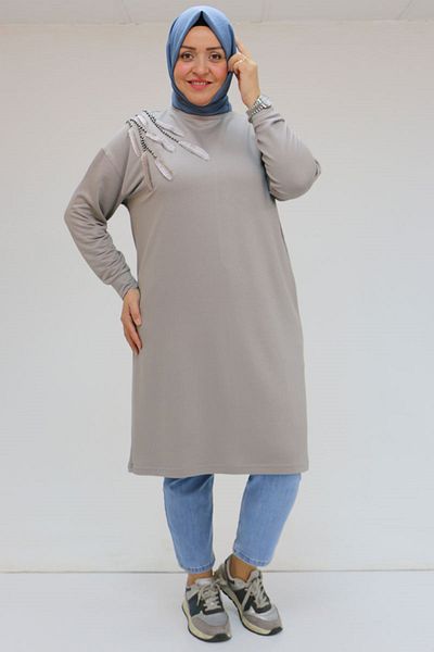 Eslina 48117 Plus Size Embroidered Crystal Long Tunic - Gray