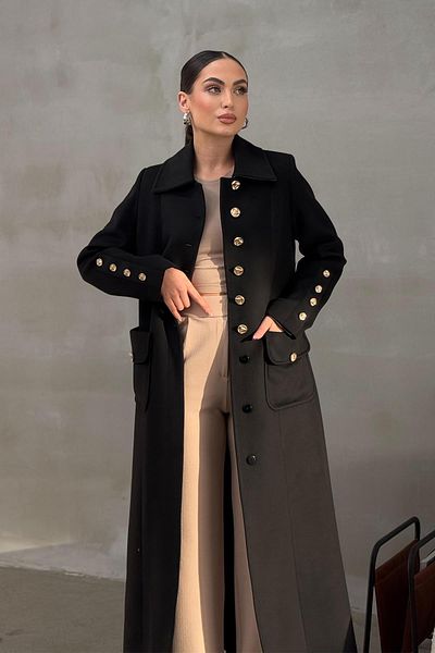 Olcay Black Cashmere Coat - Metal Button and Bag Pocket Detail 3086