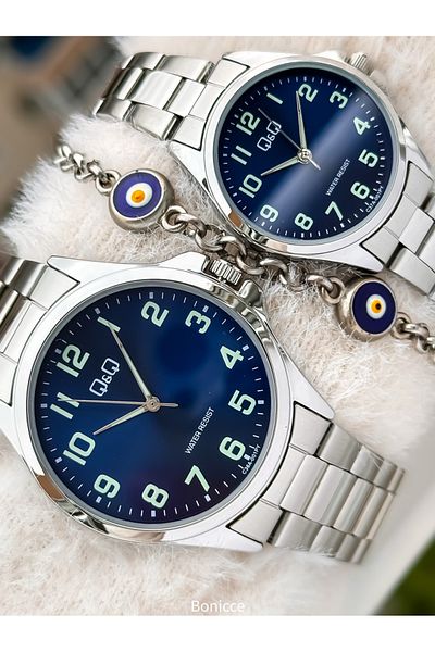 Q&Q Brand Silver Color Steel Band, Navy Blue Dial, Numeral Lover Watch + Bracelet Prayer Beads