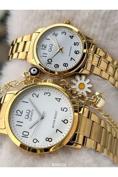 Q&Q Brand Yellow Color Steel Band with Numerals Lover Watch + Bracelet Rosary
