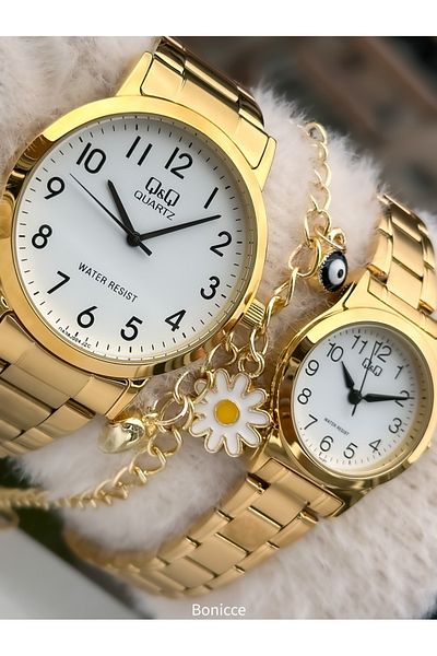 Q&Q Brand Yellow Color Steel Band, White Dial, Lover's Watch + Bracelet Rosary